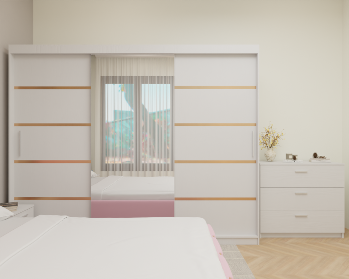 Dormitor MILANO Tapitat, 250X200 Alb cu oglinda, Somiera Rabatabila [4]