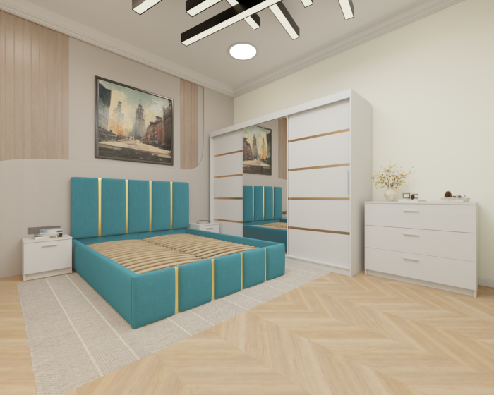 Dormitor MILANO Tapitat, 250X200 Alb cu oglinda, Somiera Rabatabila [2]