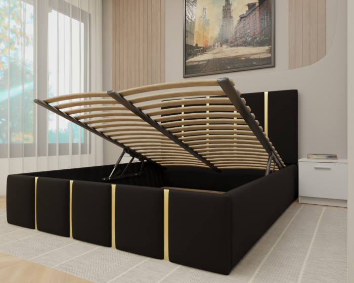 Dormitor MILANO Tapitat, 250X200 Alb cu oglinda, Somiera Rabatabila [3]