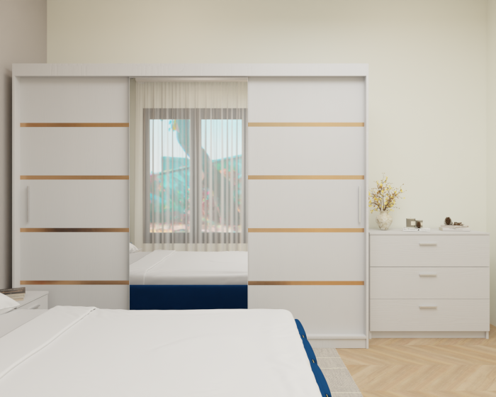 Dormitor MILANO Tapitat, 250X200 Alb cu oglinda, Somiera Rabatabila [4]