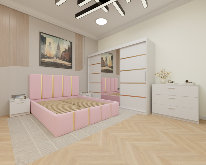 Dormitor MILANO Tapitat, 250X200 Alb cu oglinda, Somiera Rabatabila [2]