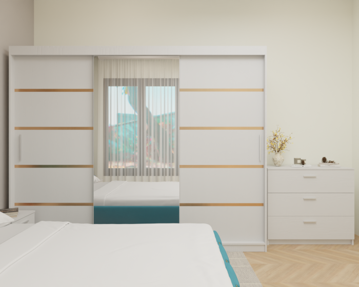 Dormitor MILANO Tapitat, 250X200 Alb cu oglinda, Somiera Rabatabila [4]