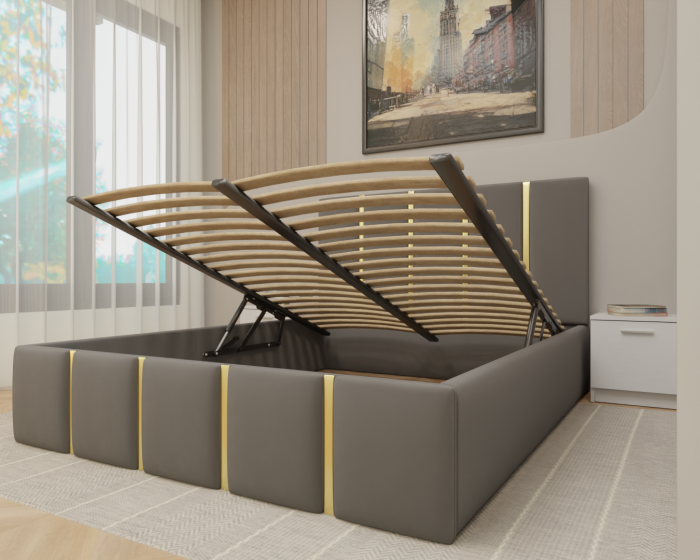 Dormitor MILANO Tapitat, 250X200 Alb cu oglinda, Somiera Rabatabila [3]