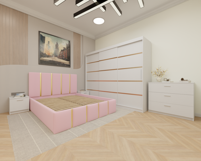 Dormitor MILANO Tapitat, 250X200 Alb fara oglinda, Somiera Rabatabila [2]