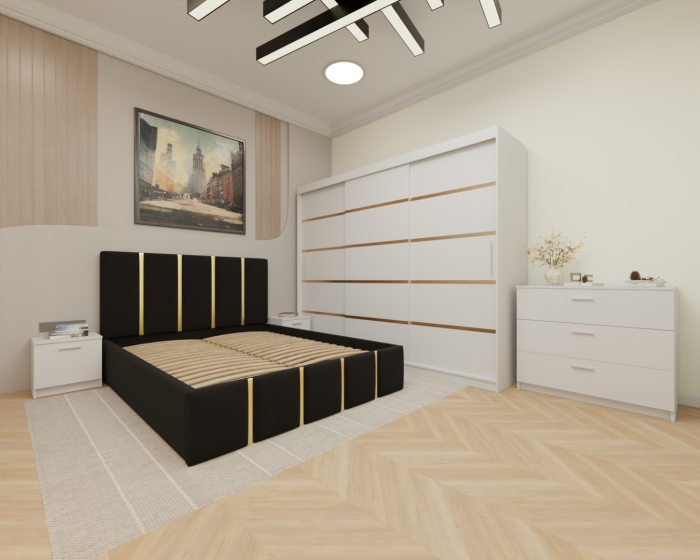 Dormitor MILANO Tapitat, 250X200 Alb fara oglinda, Somiera Rabatabila [2]