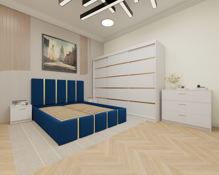 Dormitor MILANO Tapitat, 250X200 Alb fara oglinda, Somiera Rabatabila [2]