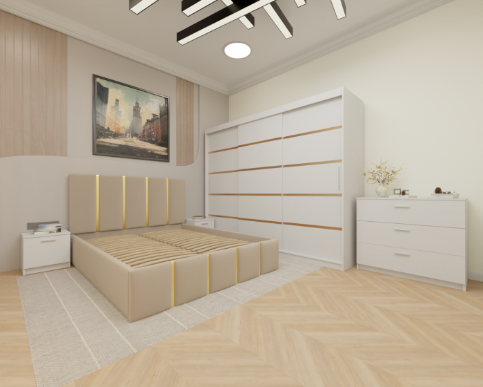 Dormitor MILANO Tapitat, 250X200 Alb fara oglinda, Somiera Rabatabila [2]