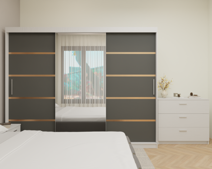 Dormitor MILANO Tapitat, 250X200 Alb&Antracit cu oglinda, Somiera Rabatabila [4]