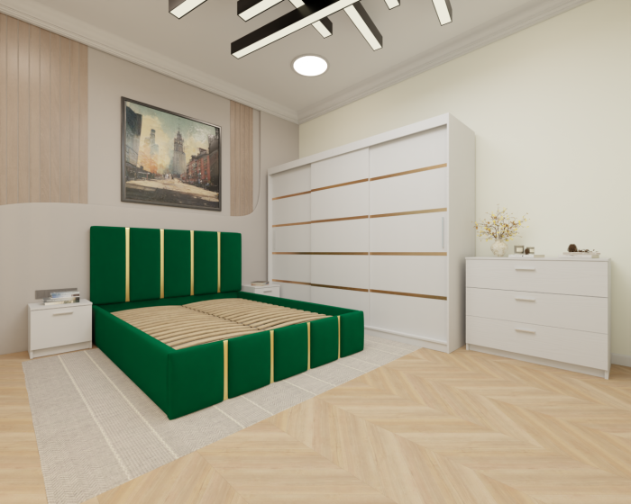 Dormitor MILANO Tapitat, 250X200 Alb fara oglinda, Somiera Rabatabila [2]