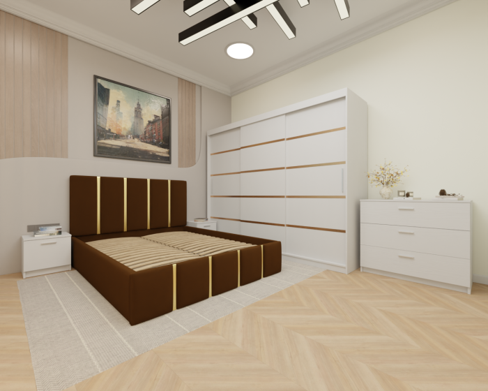 Dormitor MILANO Tapitat, 250X200 Alb fara oglinda, Somiera Rabatabila [2]