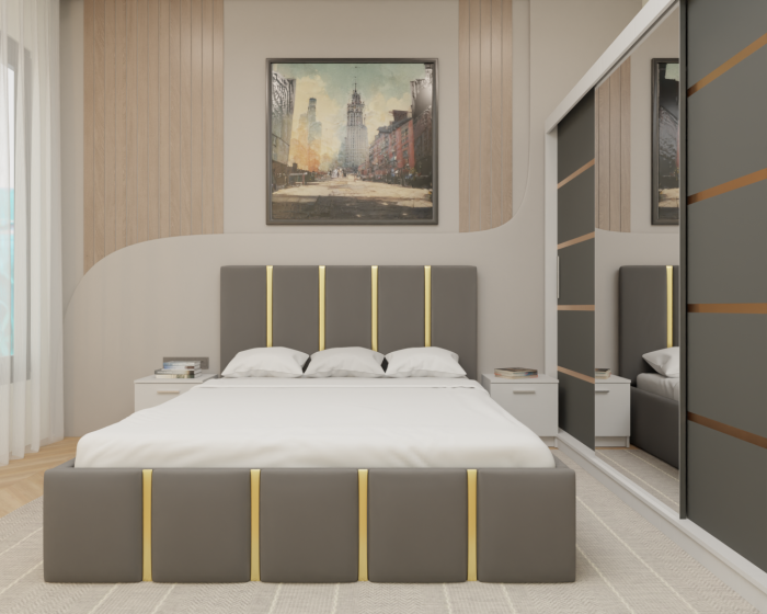 Dormitor MILANO Tapitat, 250X200 Alb&Antracit cu oglinda, Somiera Rabatabila [2]