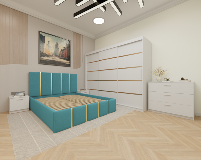 Dormitor MILANO Tapitat, 250X200 Alb fara oglinda, Somiera Rabatabila [2]