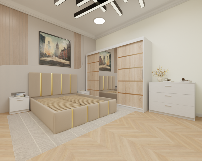 Dormitor MILANO Tapitat, 250X200 Alb&Sonoma cu oglinda, Somiera Rabatabila [2]