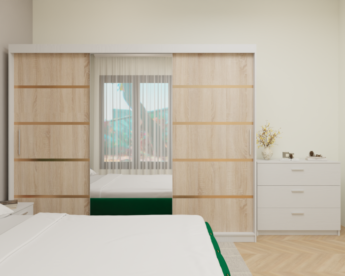 Dormitor MILANO Tapitat, 250X200 Alb&Sonoma cu oglinda, Somiera Rabatabila [4]