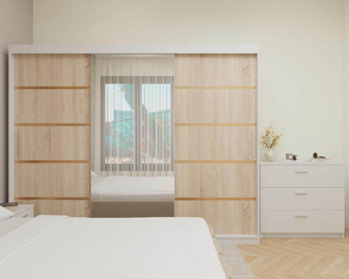 Dormitor MILANO Tapitat, 250X200 Alb&Sonoma cu oglinda, Somiera Rabatabila [4]
