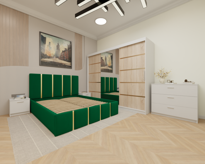 Dormitor MILANO Tapitat, 250X200 Alb&Sonoma cu oglinda, Somiera Rabatabila [2]