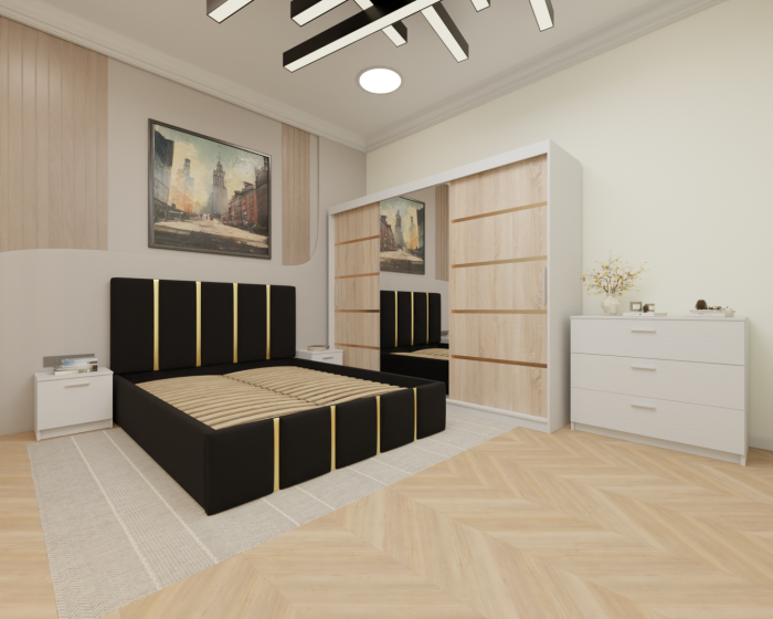 Dormitor MILANO Tapitat, 250X200 Alb&Sonoma cu oglinda, Somiera Rabatabila [2]