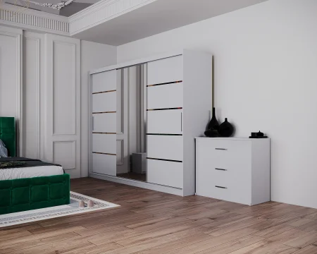 Dormitor Regal cu Pat Tapitat cu dulap 250x200 usi glisante cu Oglinda, noptiere si comoda [4]