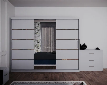 Dormitor Regal cu Pat Tapitat cu dulap 250x200 usi glisante cu Oglinda, noptiere si comoda [5]