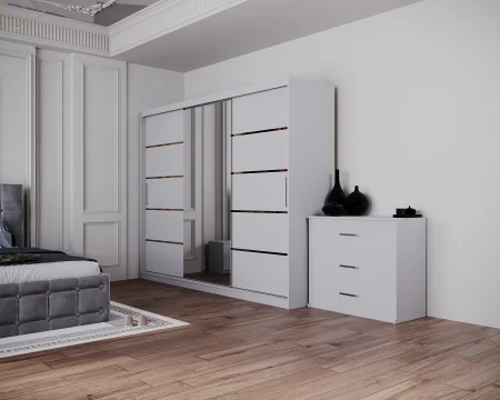 Dormitor Regal cu Pat Tapitat cu dulap 250x200 usi glisante cu Oglinda, noptiere si comoda [4]