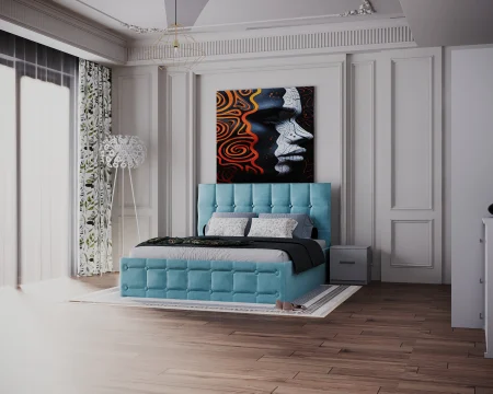 Dormitor Regal cu Pat Tapitat cu dulap 250x200 usi glisante cu Oglinda, noptiere si comoda [3]