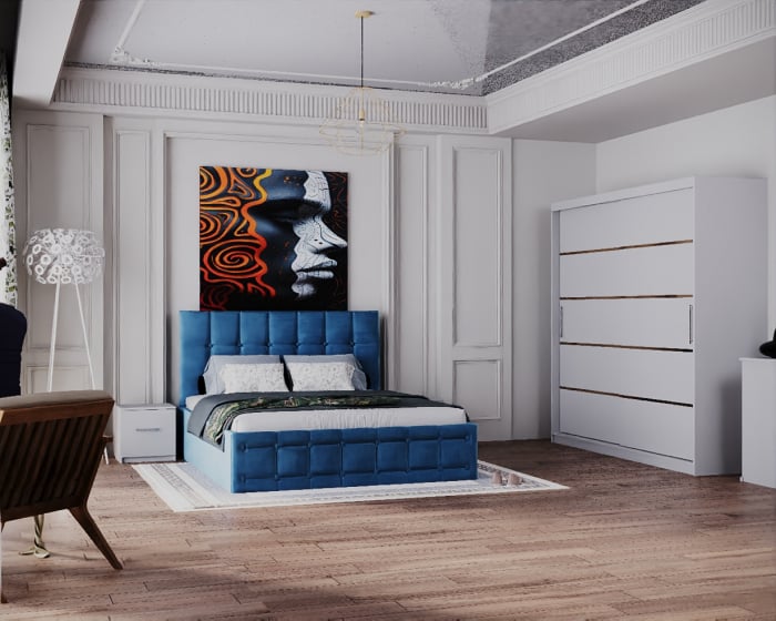 Dormitor Regal cu Pat Tapitat Stofa Albastra cu dulap 200*200 usi glisante Alb, noptiere si comoda [2]