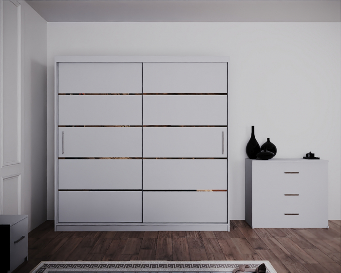 Dormitor Regal cu Pat Tapitat Stofa Albastra cu dulap 200*200 usi glisante Alb, noptiere si comoda [3]