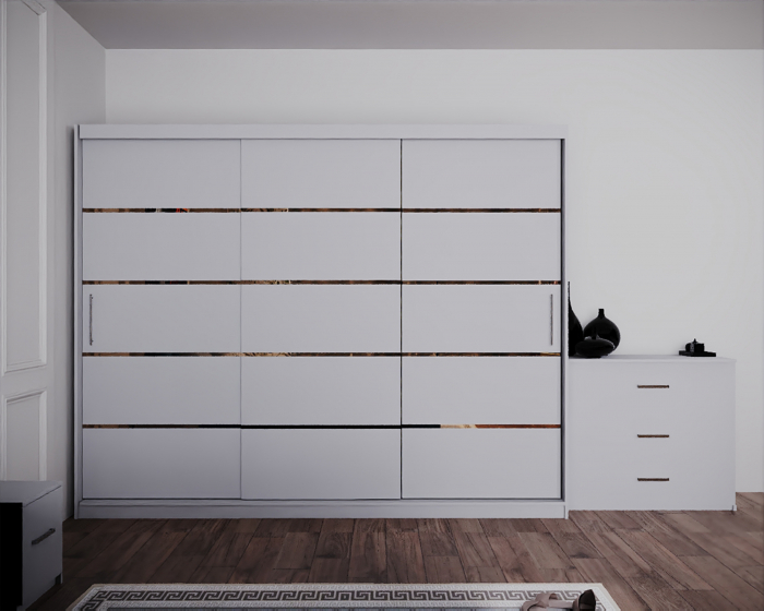 Dormitor Regal cu Pat Tapitat Stofa Albastra cu dulap 250*200 usi glisante Alb, noptiere si comoda [3]