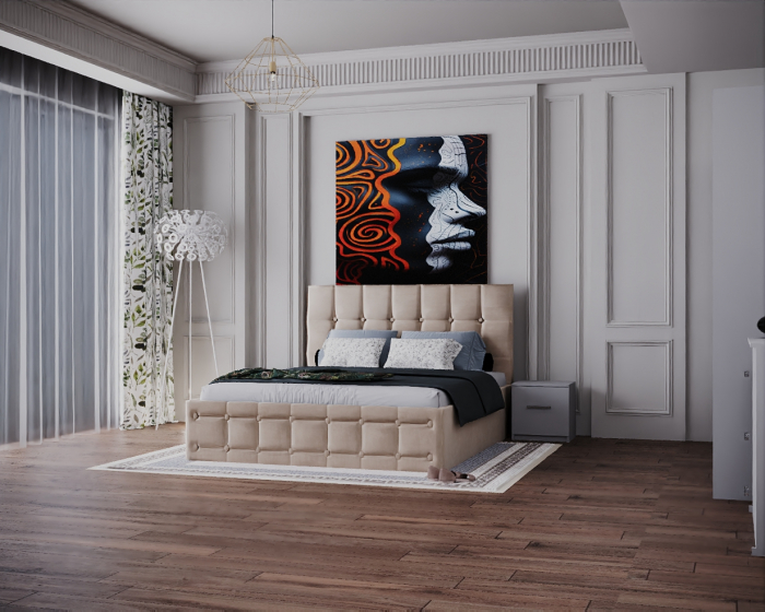 Dormitor Regal cu Pat Tapitat Stofa Bej cu dulap 200*200 usi glisante Alb, noptiere si comoda [4]
