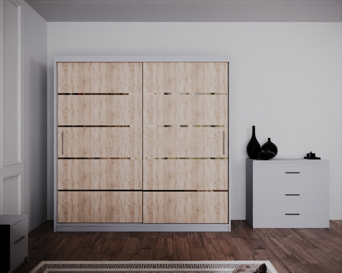 Dormitor Regal cu Pat Tapitat Stofa Bej cu dulap 200*200 usi glisante Sonoma&Alb, noptiere si comoda [3]