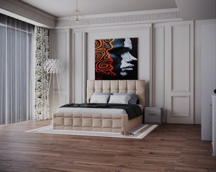 Dormitor Regal cu Pat Tapitat Stofa Bej cu dulap 200*200 usi glisante Sonoma&Alb, noptiere si comoda [4]