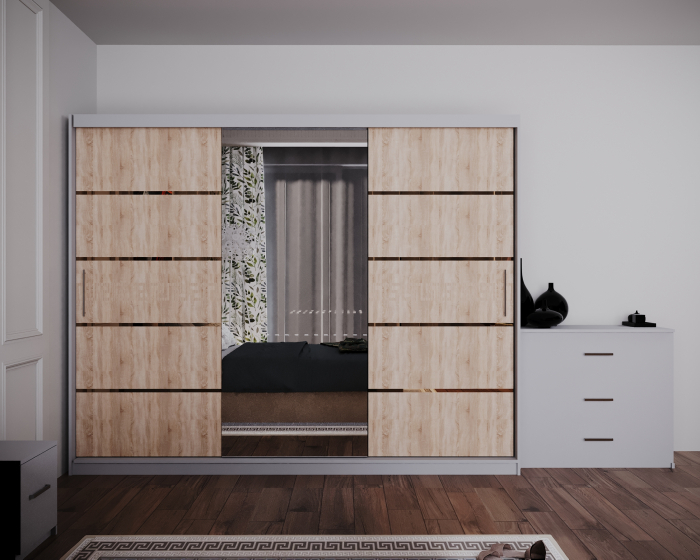 Dormitor Regal cu Pat Tapitat Stofa Bej cu dulap 250*200 usi glisante Sonoma&Alb cu Oglinda, noptiere si comoda [3]