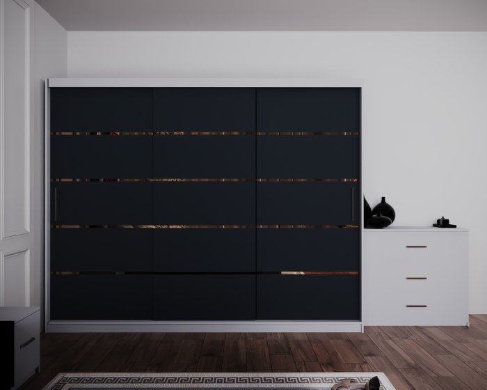 Dormitor Regal cu Pat Tapitat Stofa Gri cu dulap 250*200 usi glisante Alb&Antracit, noptiere si comoda [3]