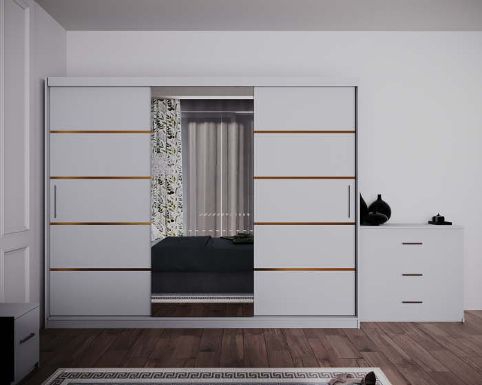 Dormitor Regal cu Pat Tapitat Stofa Gri cu dulap 250*200 usi glisante Alb cu Oglinda, noptiere si comoda [3]