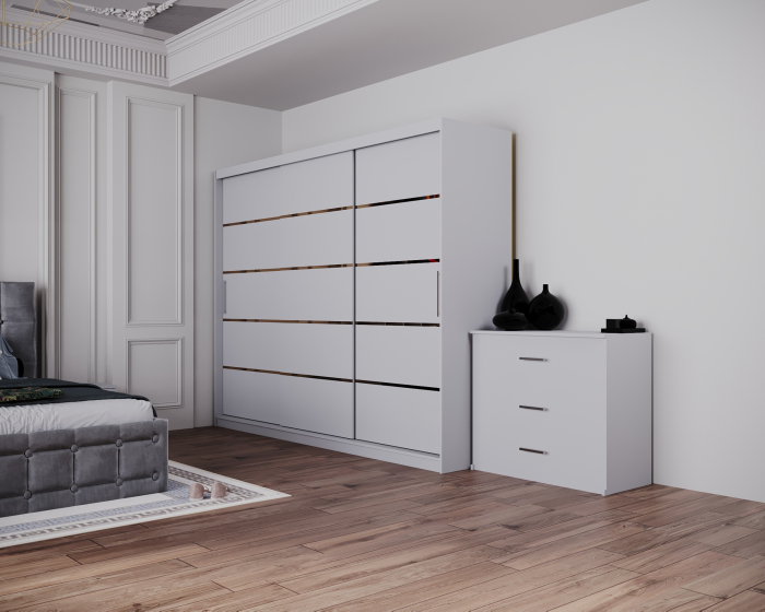 Dormitor Regal cu Pat Tapitat Stofa Gri cu dulap 250*200 usi glisante Alb , noptiere si comoda [5]