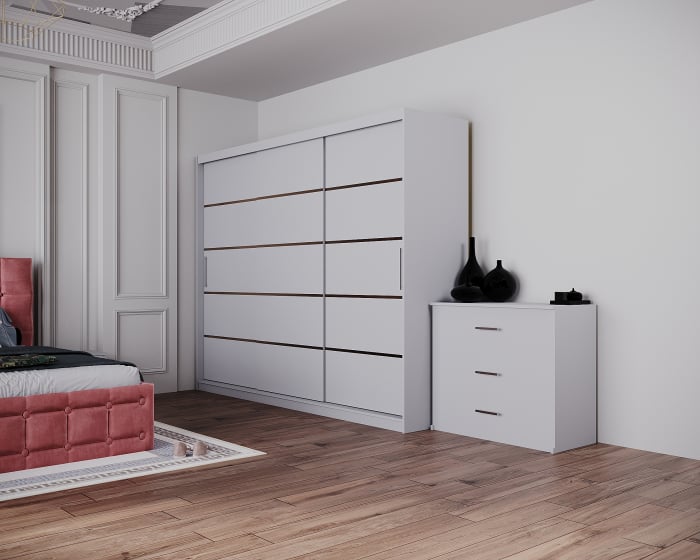 Dormitor Regal cu Pat Tapitat Stofa Roz cu dulap 250*200 usi glisante Alb, noptiere si comoda [5]