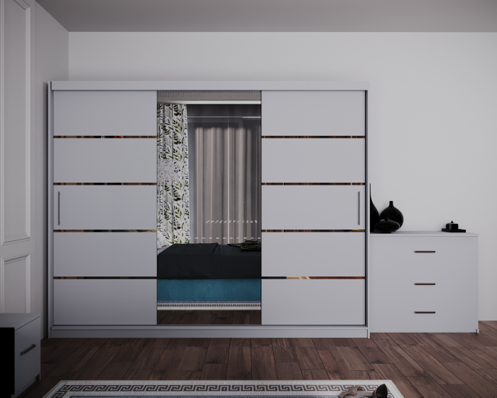 Dormitor Regal cu Pat Tapitat Stofa Turquaz cu dulap 250*200 usi glisante Alb cu Oglinda, noptiere si comoda [3]