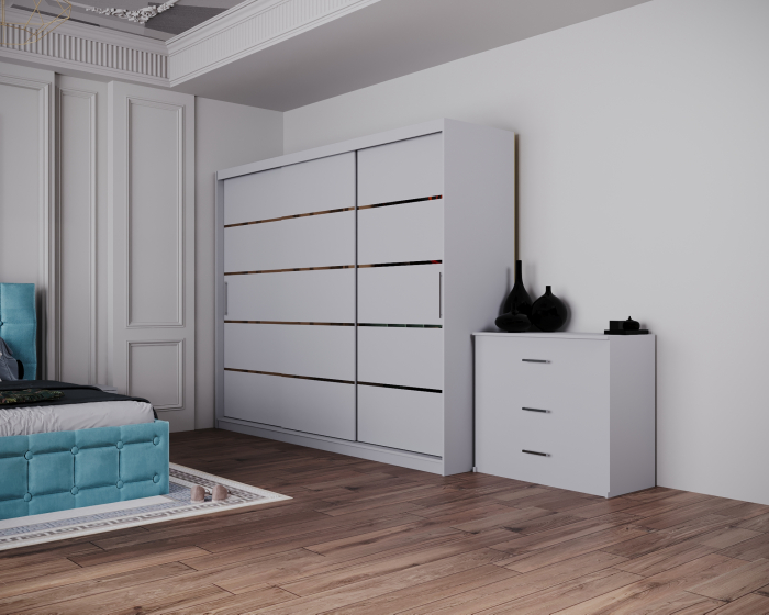 Dormitor Regal cu Pat Tapitat Stofa Turquaz cu dulap 250*200 usi glisante Alb, noptiere si comoda [3]