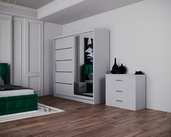 Dormitor Regal cu Pat Tapitat Stofa Verde cu dulap 200*200 usi glisante Alb cu Oglinda, noptiere si comoda [5]