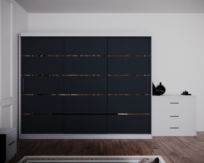 Dormitor Regal cu Pat Tapitat Stofa Verde cu dulap 250*200 usi glisante Alb&Antracit, noptiere si comoda [3]