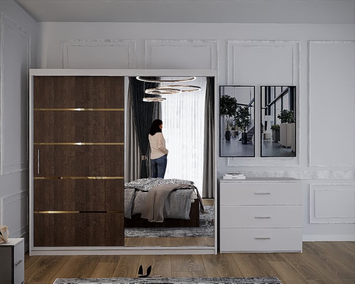 Dormitor Vista cu Pat Tapitat Wenge&Alb cu dulap 200*200 usi glisante Wenge&Alb cu Oglinda, noptiere si comoda [3]