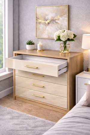 Set Dormitor Eva mdf lucios cu Somiera Rabatabila si lada de depozitare, dressing 250x200 [2]