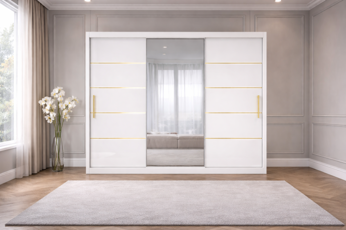 Set Dormitor Golden mdf lucios cu Somiera Rabatabila si lada, dressing 250x200 [2]