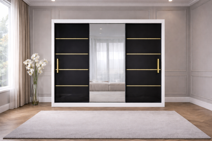 Set Dormitor Golden mdf lucios cu Somiera Rabatabila si lada, dressing 250x200 [2]