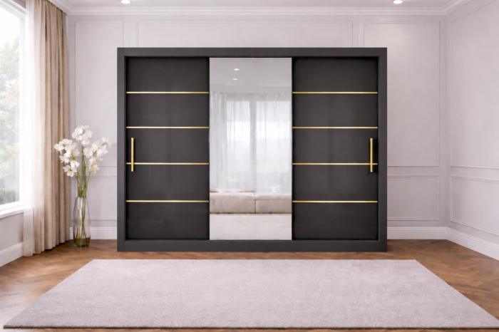 Set Dormitor Golden mdf lucios cu Somiera Rabatabila si lada, dressing 250x200 [2]