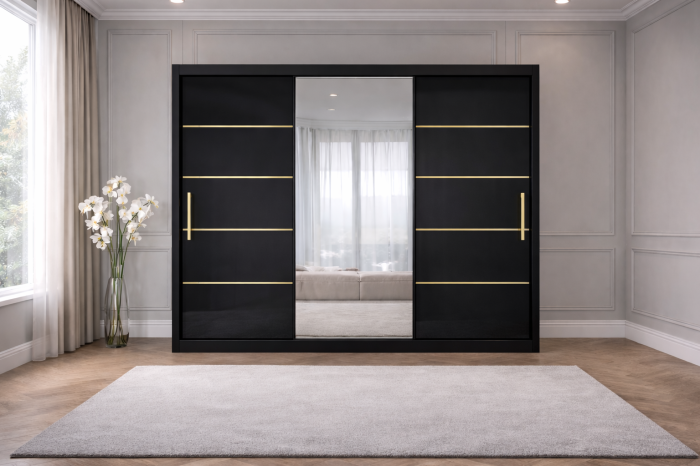 Set Dormitor Golden mdf lucios cu Somiera Rabatabila si lada, dressing 250x200 [2]