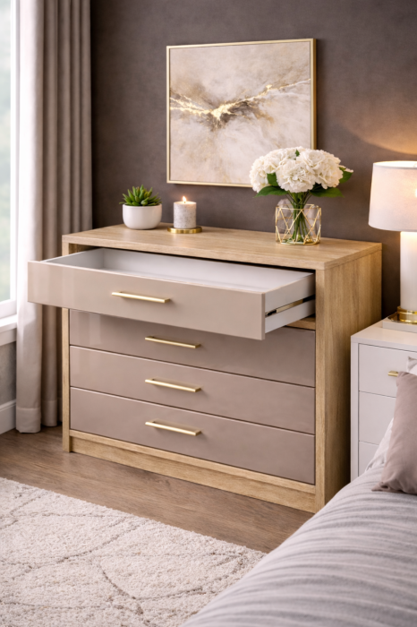 Set Dressing Iulia din Mdf lucios 150x200 cu 2 noptiere si comoda din Mdf lucios [3]