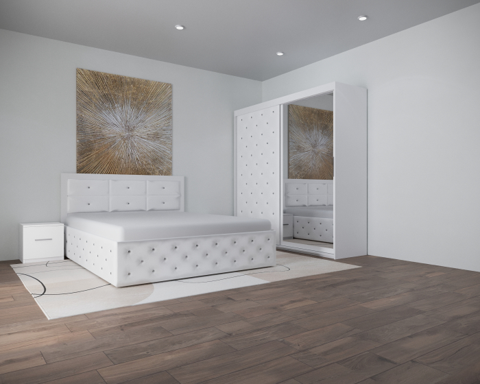 Set Pat Nemira New Tapitat cu Noptiere si Dressing Alb cu Oglinda [2]