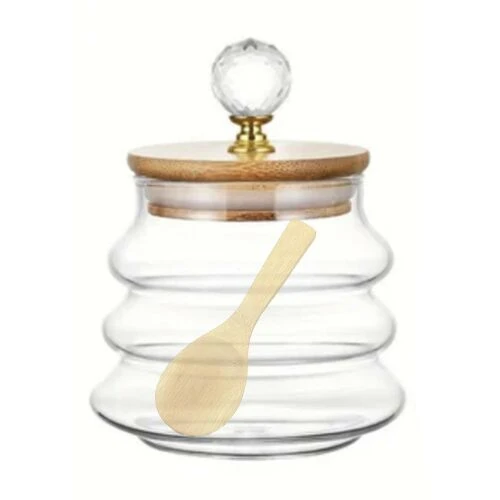 Articole bucatarie - RECIPIENT DIN STICLA CU LINGURITA DE LEMN SI CAPAC LEMN  CU CRISTAL