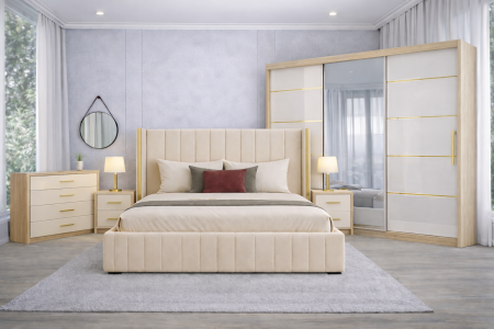 Set Dormitor Golden mdf lucios cu Somiera Rabatabila si lada, dulap 250x200